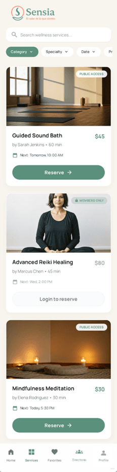 Pantalla de servicios en Sensia